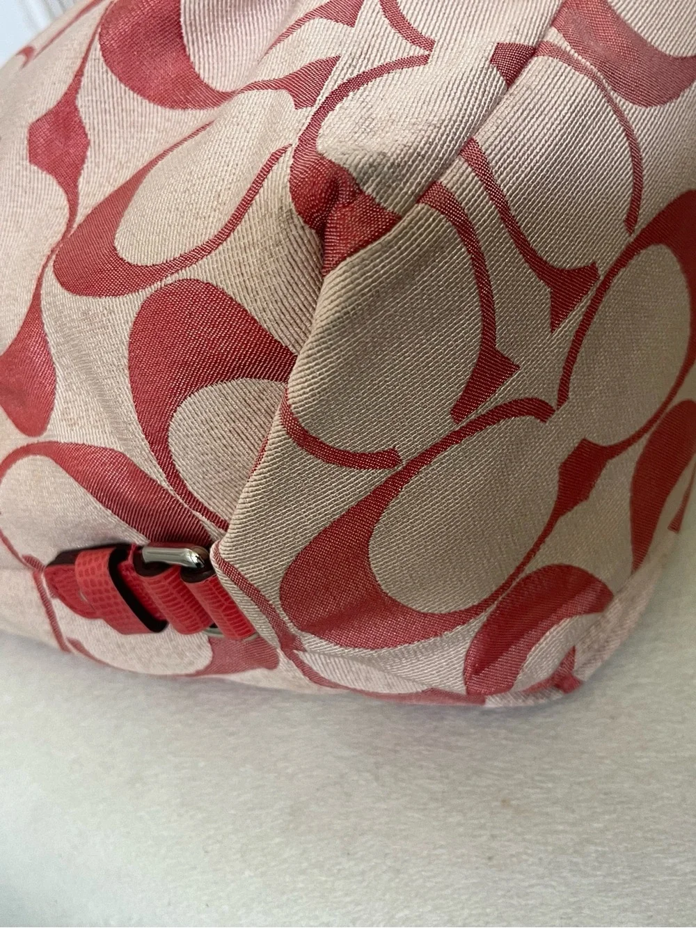 Coach Red Signature Canvas Shoulder Bag with Leather Trim